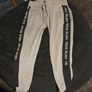 True Religion Gray and Black Track Pants with Side Stripe